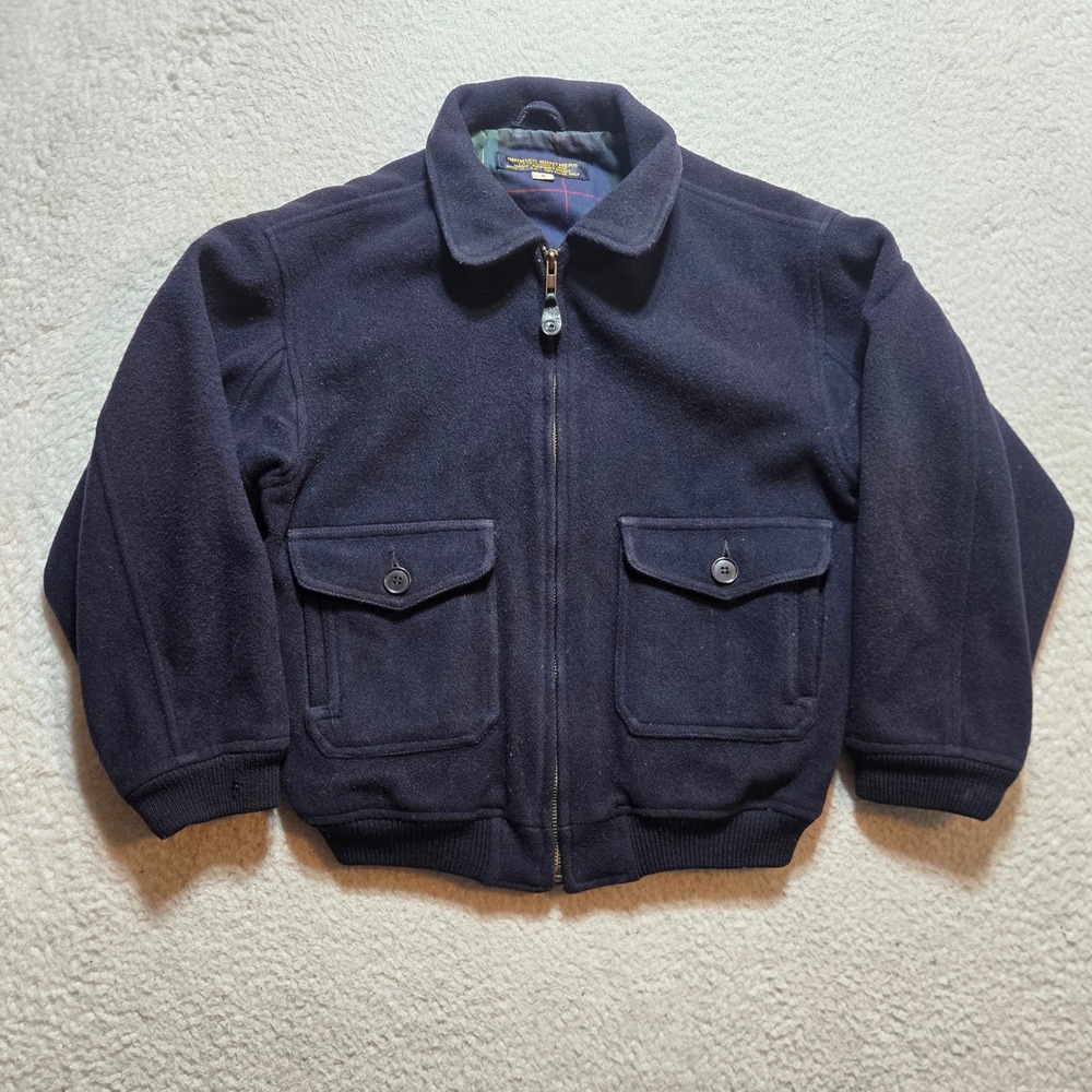Vintage 90s Brooks Brothers Bomber Jacket Boys Small Navy Wool Plaid Lined USA